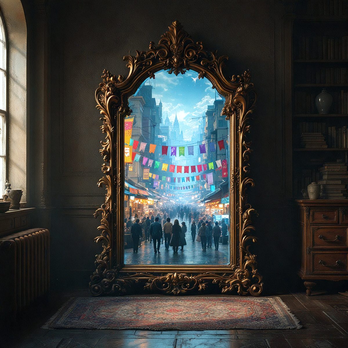 The primary subject of the image is a large mirror that reflects a scene of people walking down a street. The mirror is placed in a room with a rug on the floor. The setting is indoors, with a bookshelf visible in the background. The visual style appears to be a combination of photo and digital art, creating a unique and intriguing image. The colors and mood of the scene are predominantly dark, with the mirror reflecting the streetlights and the overall atmosphere being somewhat mysterious and captivating.